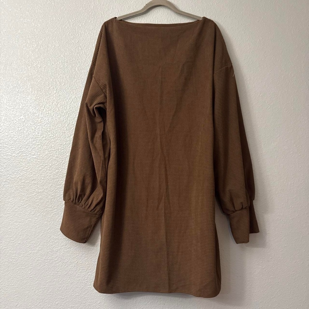 Women's Brown Long Bubble Sleeve Mini Dress with Pockets